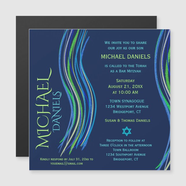 Bar Mitzvah Blue y Green Prayer Shawl Invitación (Anverso/Reverso)