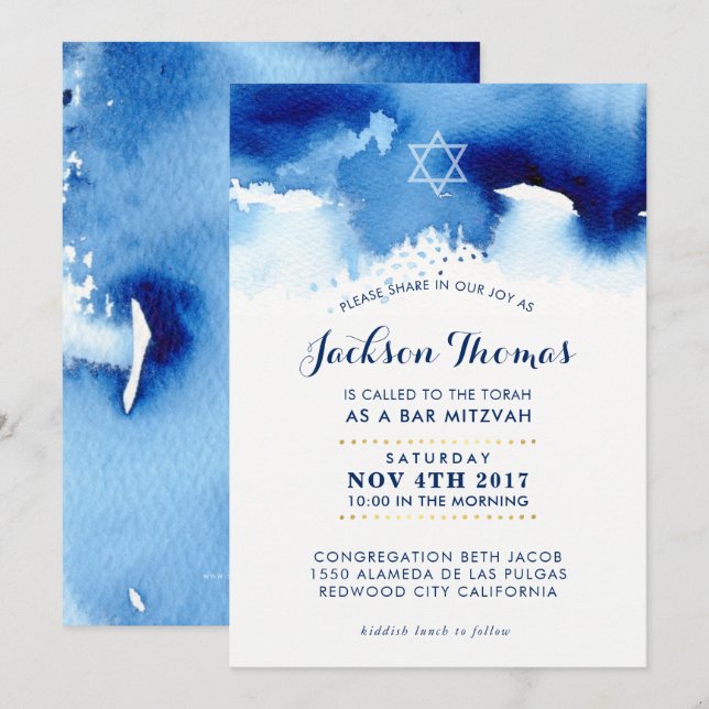 BAR MITZVAH color azul elegante dorado invitación (Anverso / Reverso)