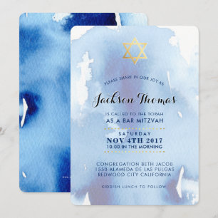 BAR MITZVAH color azul elegante dorado invitación