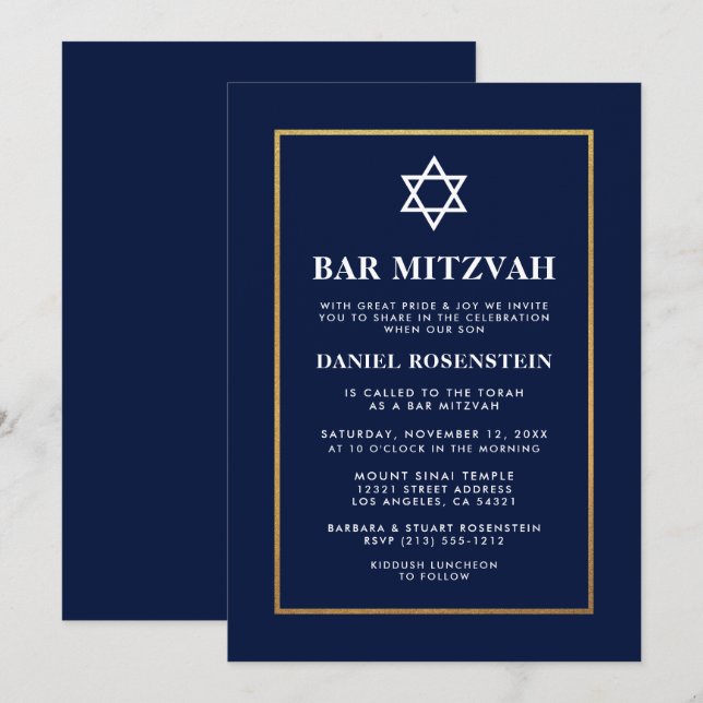 Bar Mitzvah Elegant Invitación Blue Gold (Anverso / Reverso)