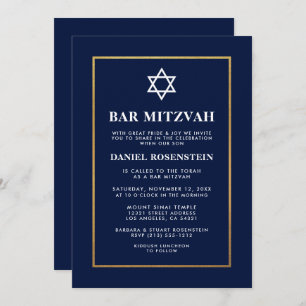 Bar Mitzvah Elegant Invitación Blue Gold