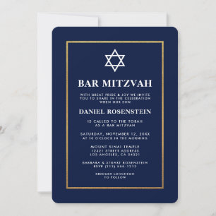Bar Mitzvah Elegante Invitación Azul y Oro