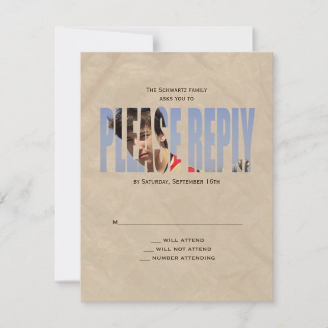 Bar Mitzvah Foto RSVP Tarjeta de respuesta en Tan (Anverso)