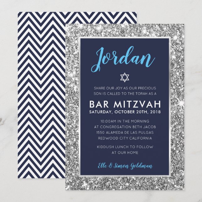 BAR MITZVAH fresco entre la invitación azul marino (Anverso / Reverso)
