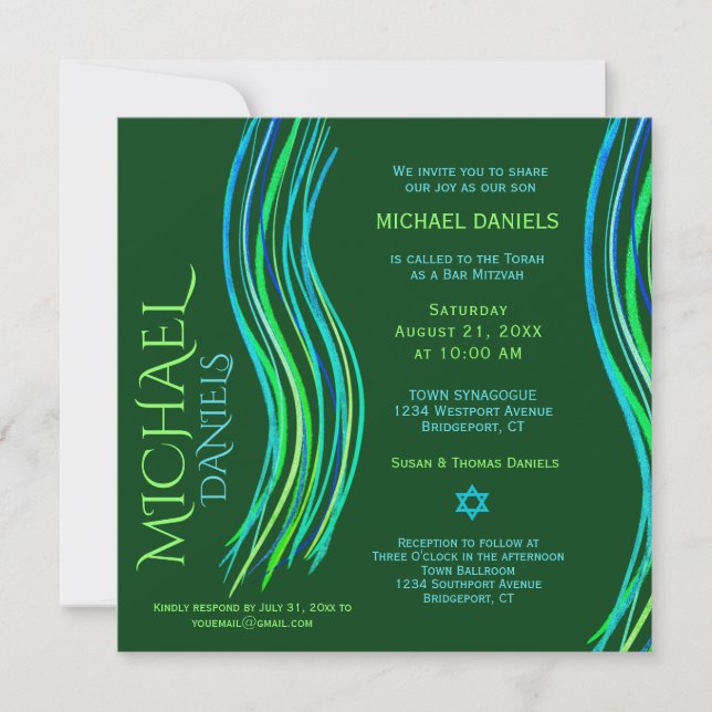 Bar Mitzvah Green Prayer Shawl Invitación (Anverso)