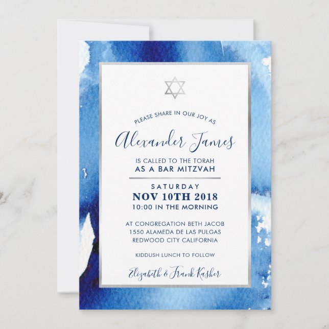 BAR MITZVAH invitación a color azul plateado estre (Anverso)