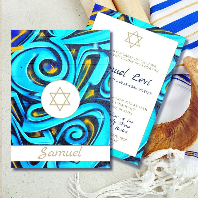 Bar Mitzvah Invitación a un patrón azul judío mode (Subido por el creador)