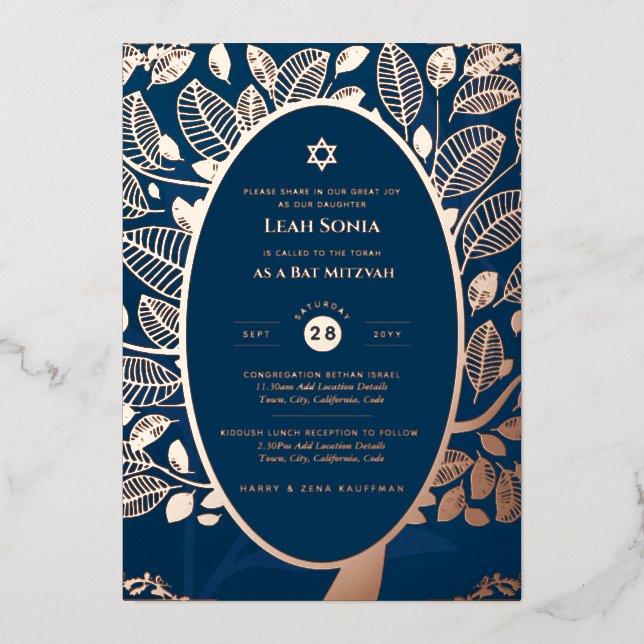 Bar Mitzvah Invitación Árbol de RELIEVE METALIZADO (Anverso)