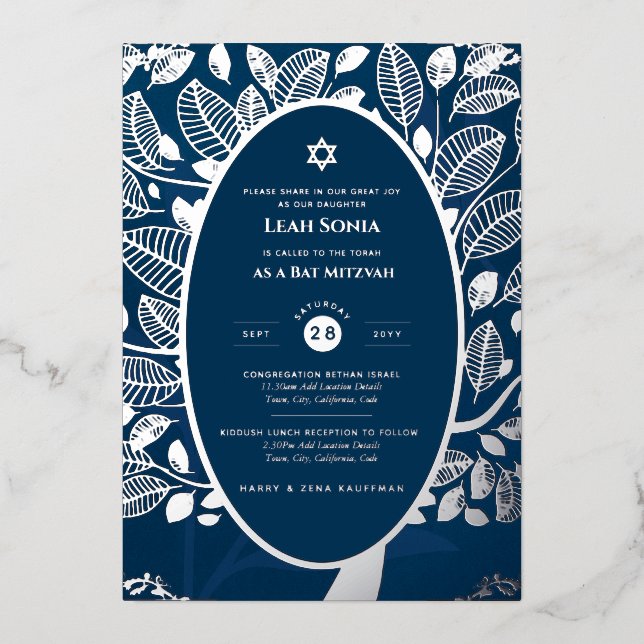 Bar Mitzvah Invitación Árbol de RELIEVE METALIZADO (Anverso)