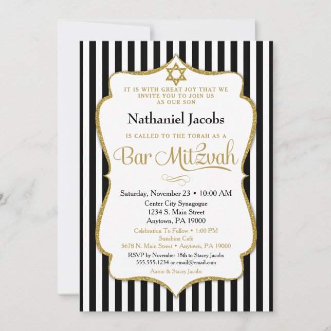 Bar Mitzvah Invitación Black Gold Elegant Stripe (Anverso)