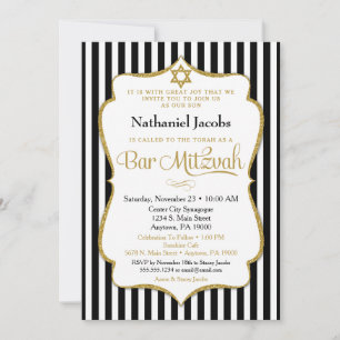 Bar Mitzvah Invitación Black Gold Elegant Stripe