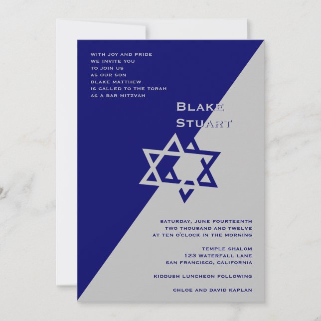 Bar Mitzvah Invitación Blake Blue Silver (Anverso)