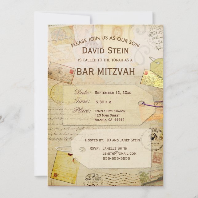 Bar Mitzvah Invitación con tema de viaje (Anverso)