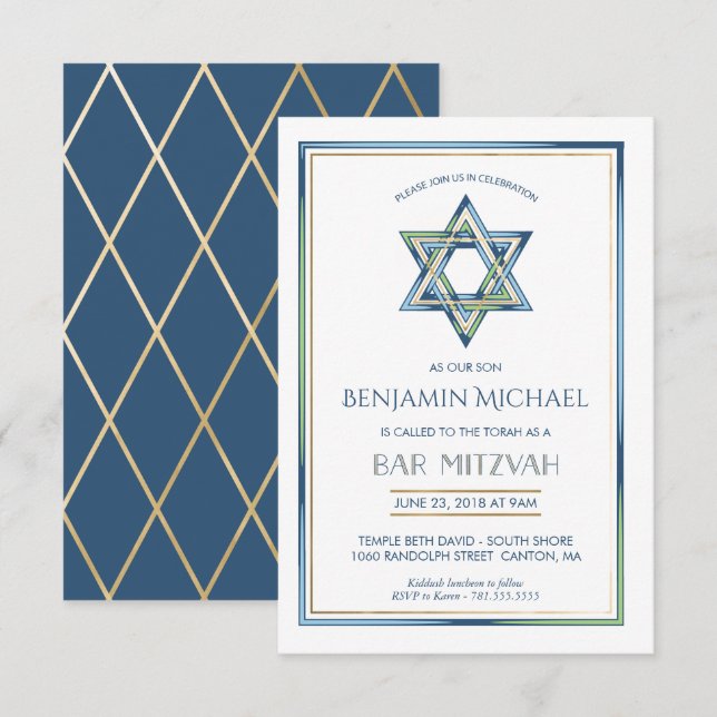 Bar Mitzvah Invitación - Estrella de David con Oro (Anverso / Reverso)