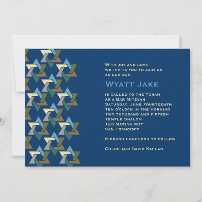 Bar Mitzvah Invitación Estrellas Judías Azul (Anverso)