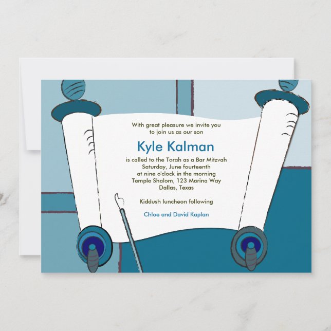 Bar Mitzvah Invitación Kyle Torah Blue (Anverso)