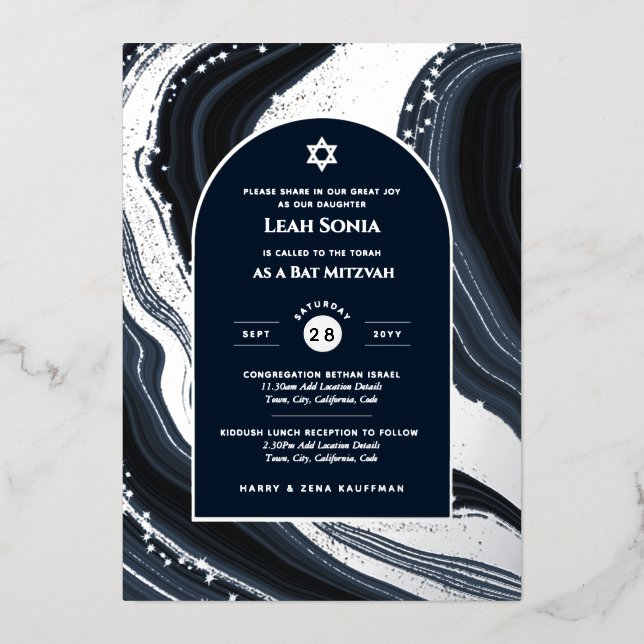 Bar Mitzvah Invitación Real Relieve metalizado Aga (Anverso)