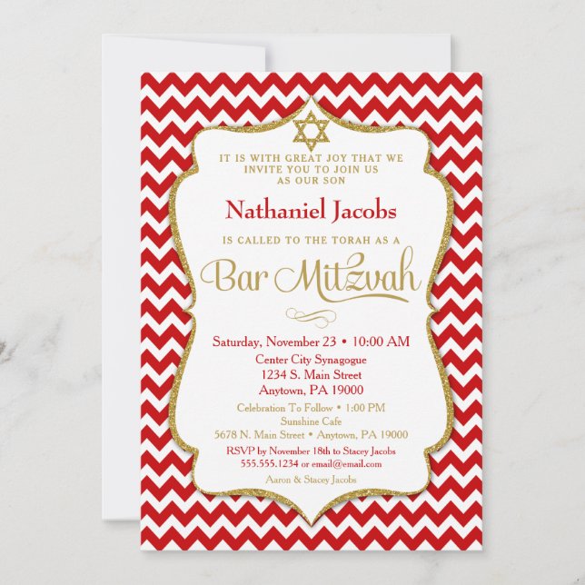 Bar Mitzvah Invitación Red Gold Elegant Chevron (Anverso)