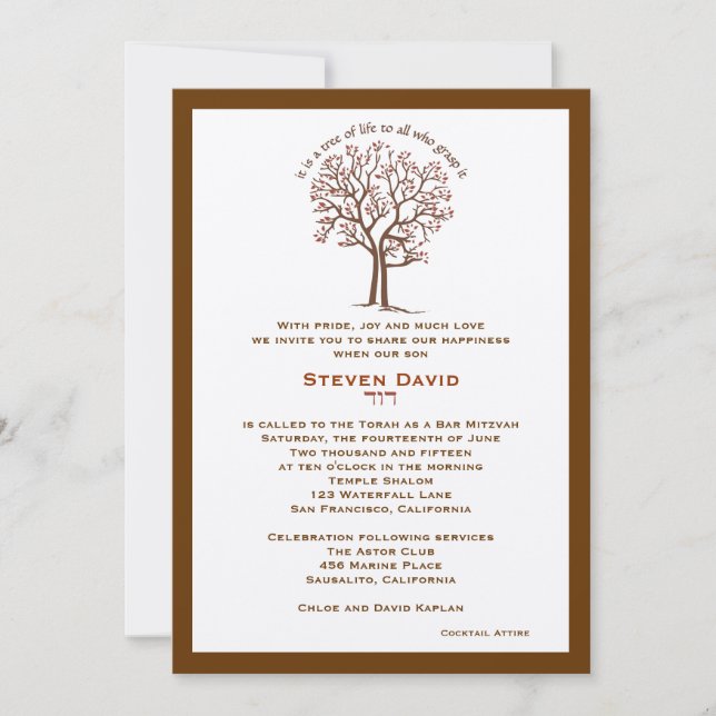 Bar Mitzvah Invitación Steven Tree of Life Brown (Anverso)