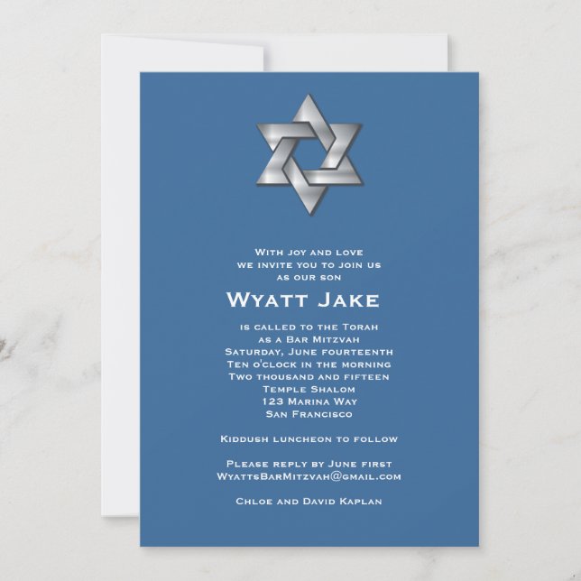Bar Mitzvah Invitación Wyatt Estrella Judía Azul (Anverso)