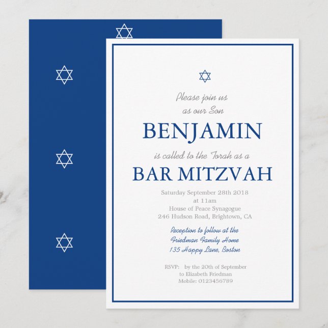 Bar Mitzvah Navy Invitación judía azul hebrea (Anverso / Reverso)