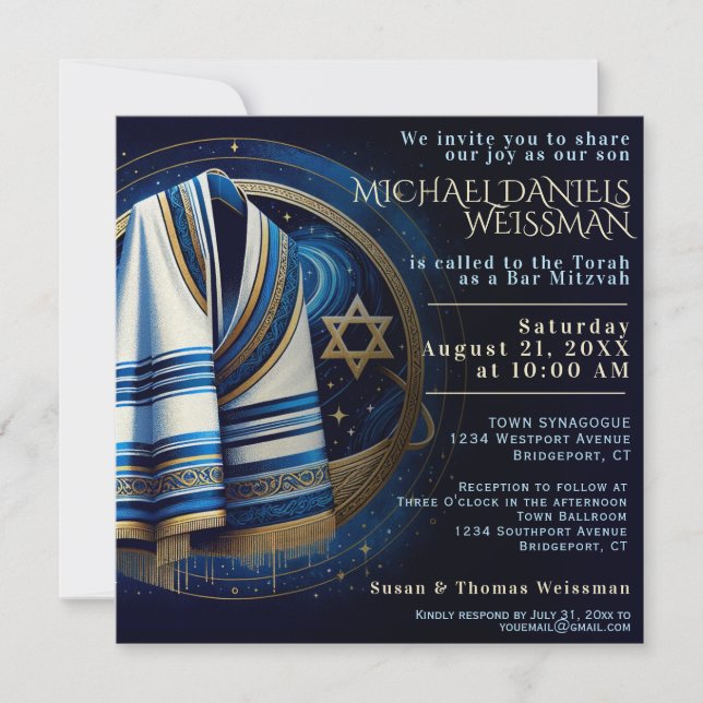 Bar Mitzvah Prayer Shawl Stars Invitación (Anverso)