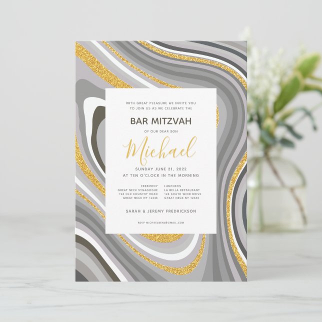 Bar Mitzvah Purpurina moderno Agate Invitación (Anverso de pie)