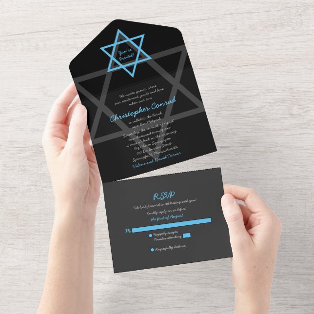 Bar Mitzvah RSVP Azul Negro Invitación Todo En Uno (desgarro)