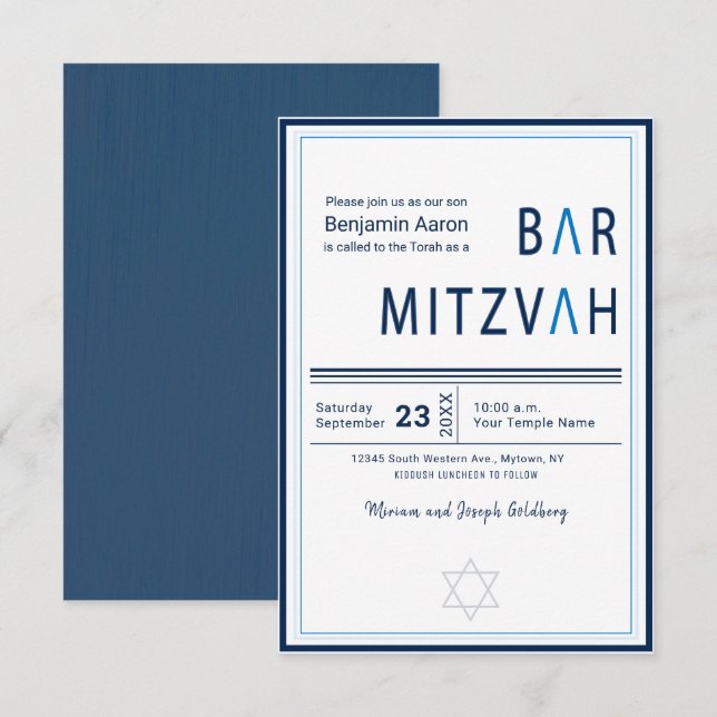 Bar moderno con banda azul Invitación Mitzvah (Anverso / Reverso)
