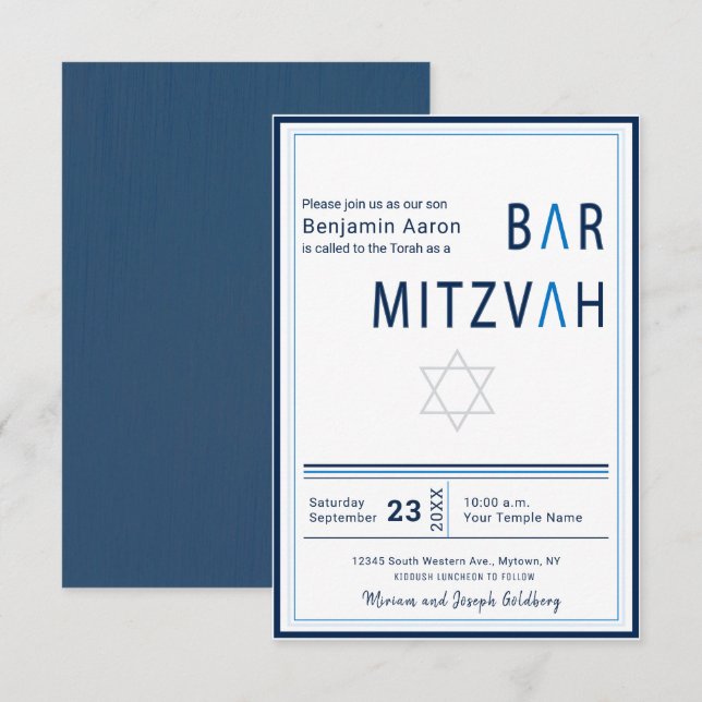Bar moderno con banda azul Invitación Mitzvah (Anverso / Reverso)