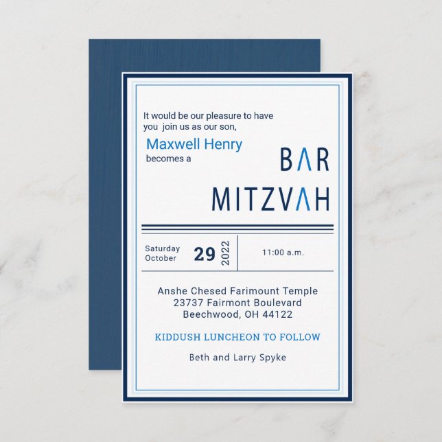 Bar moderno con banda azul Invitación Mitzvah (Anverso / Reverso)