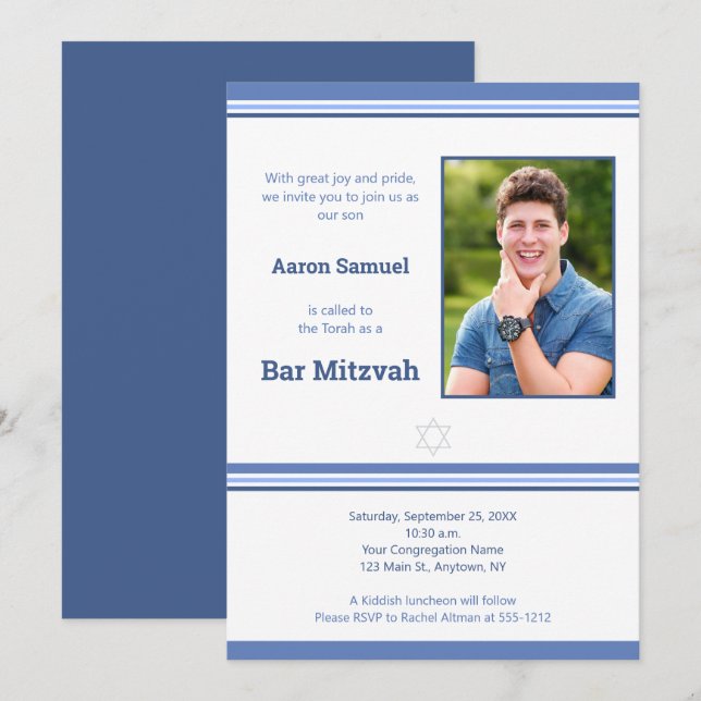 Bar moderno de franja azul Mitzvah Foto Invitación (Anverso / Reverso)