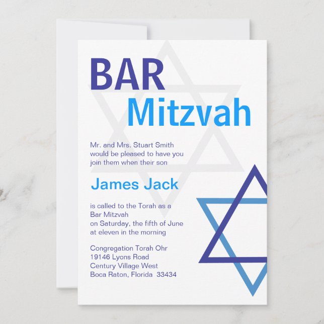 Bar moderno Invitación Mitzvah - Azul y blanco (Anverso)