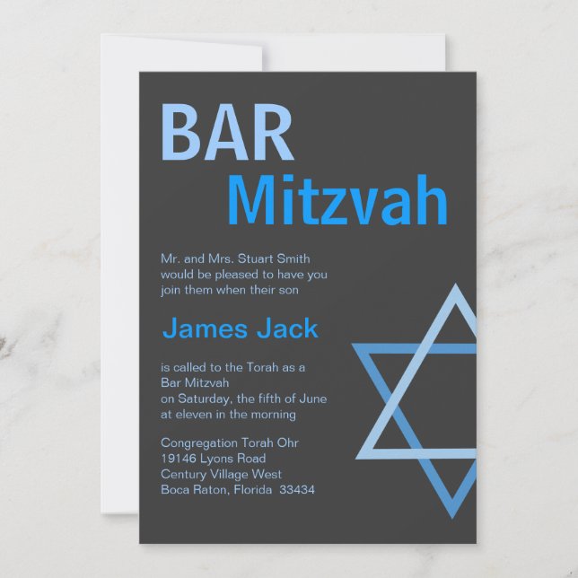 Bar moderno Invitación Mitzvah - Azul y gris (Anverso)