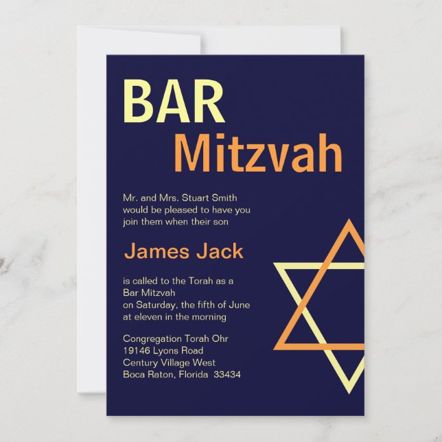 Bar moderno Mitzvah Invitación - Naranja y azul de (Anverso)