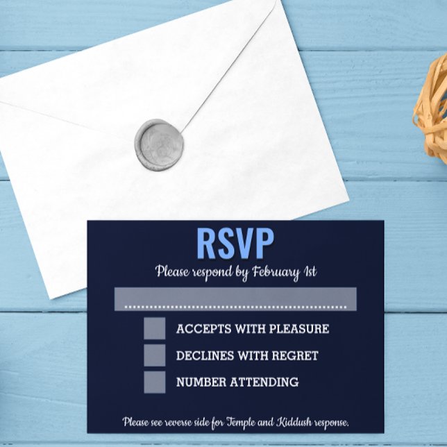 Bar moderno Navy Blue Mitzvah RSVP con opciones (Subido por el creador)
