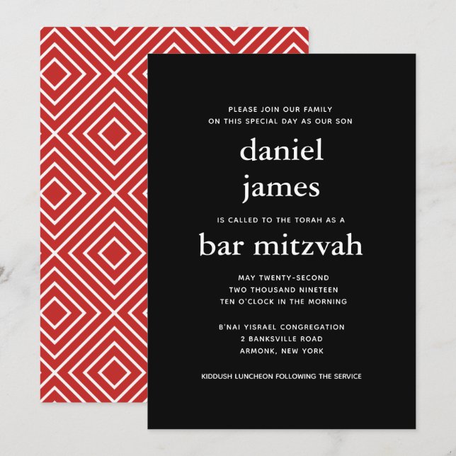 Bar moderno negro y rojo Mitzvah Invitación (Anverso / Reverso)