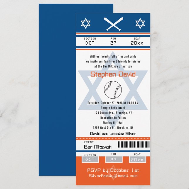 Bar Naranja Azul Mitzvah Invitación a un boleto de (Anverso / Reverso)