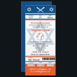 Bar Naranja Azul Mitzvah Invitación a un boleto de<br><div class="desc">Boleto de béisbol azul, Naranja y blanco con la estrella de David para tu invitación a Bar Mitzvah. Obra de arte sobre el diseño de los Bats de Béisbol y el Béisbol. Para obtener información sobre cambios de diseño personalizados por parte del diseñador independiente, envíe un correo electrónico a paula@labellarue.com...</div>