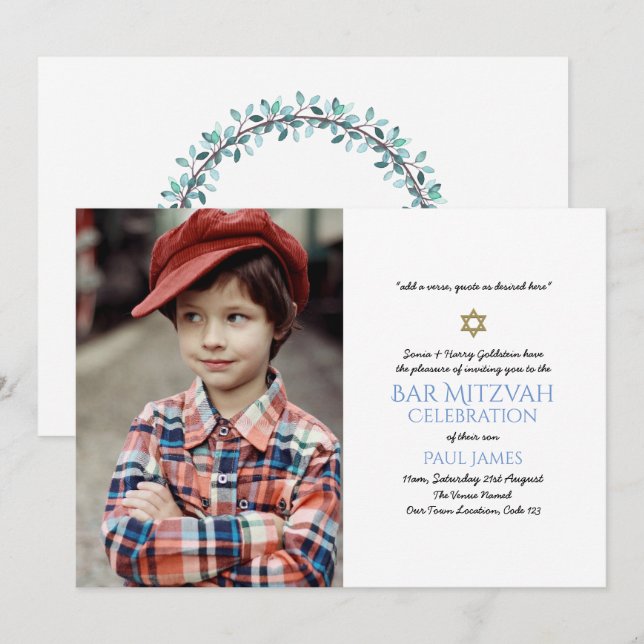 Bar Navy Blue Invitaciones Mitzvah Elegante Floral (Anverso / Reverso)