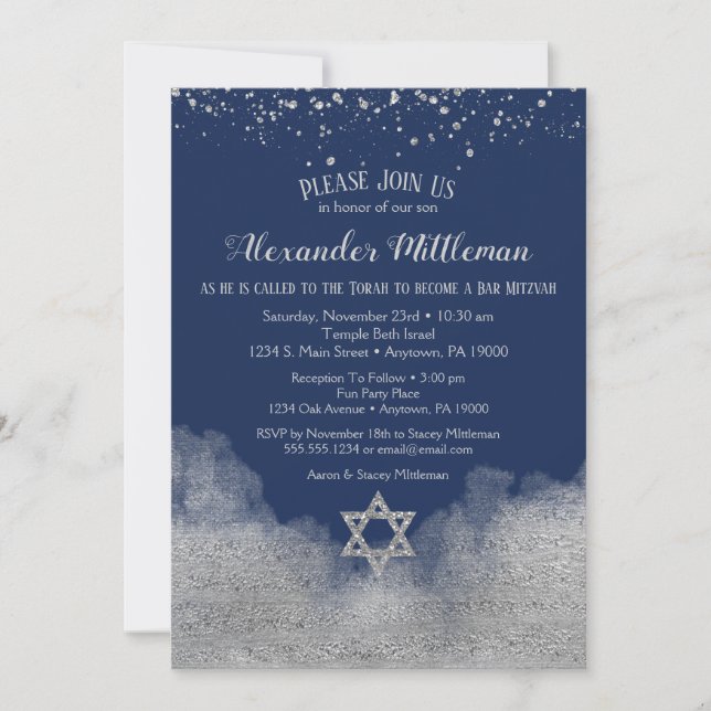 Bar Navy Blue Silver Invitación Mitzvah (Anverso)