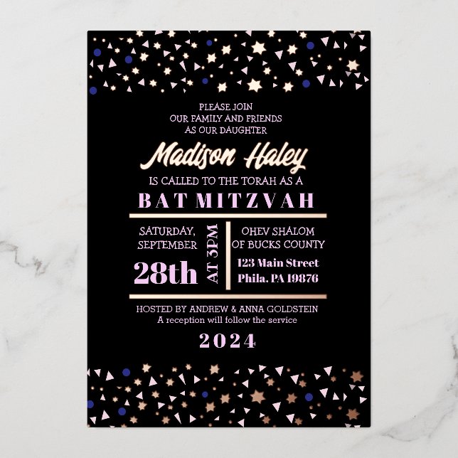 Bar Navy Stars Bat Mitzvah Invitación Gold Inlay (Anverso)