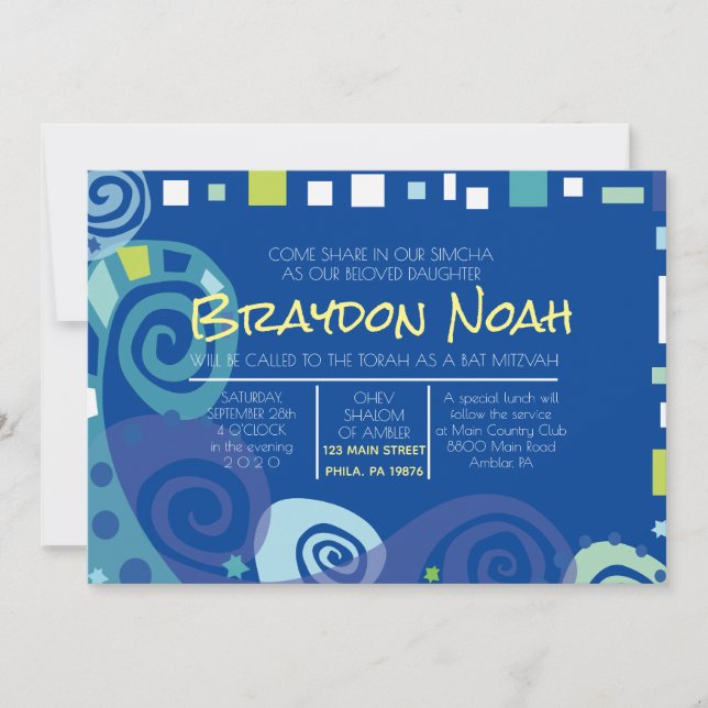 Bar NOAH'S ARK & WAVES Bat Mitzvah Invitación (Anverso)