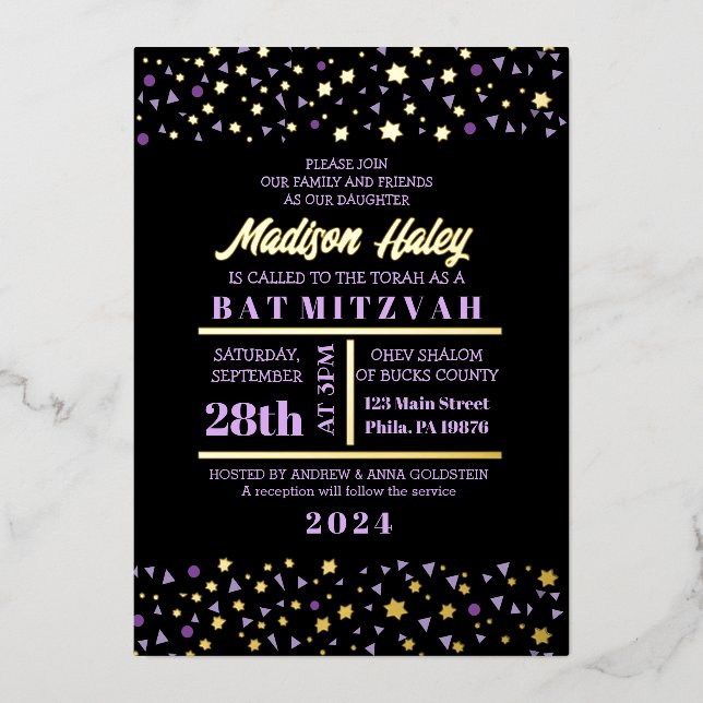 Bar Purple Stars Bat Mitzvah Invitación Gold Inlay (Anverso)