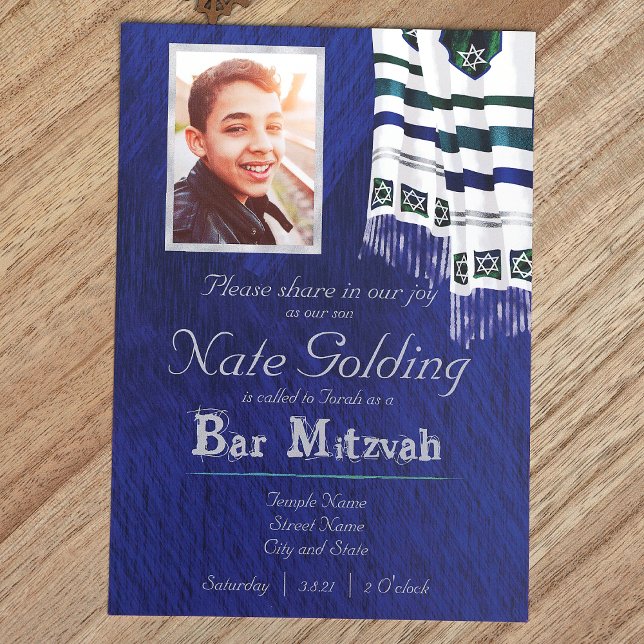 Bar Tallit Azul, Plata, Verde azulado Invitación M (Royal Blue Bar Mitzvah Invitation with Silver Striped Tallit, Blue, Silver, Teal Bar Mitzvah)