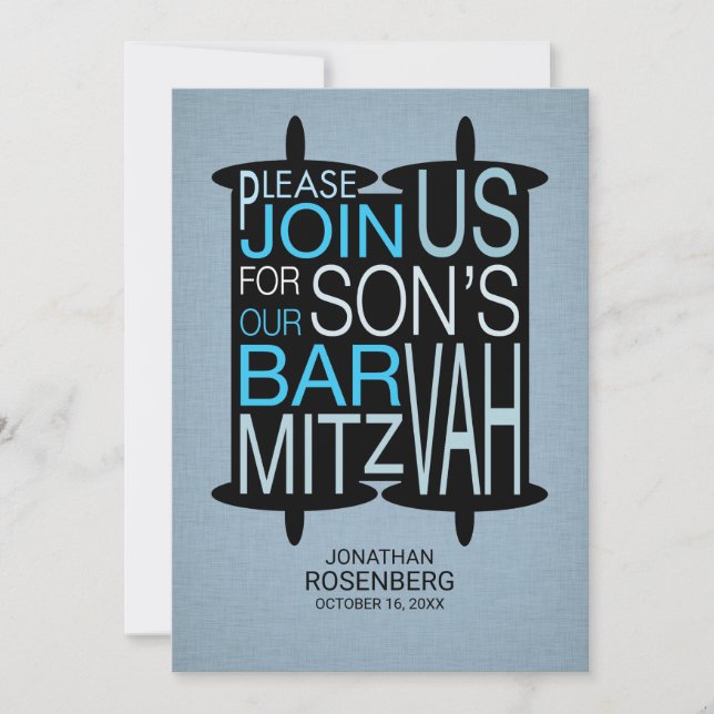 Bar Torah moderno Mitzvah Invitación gris y azul (Anverso)