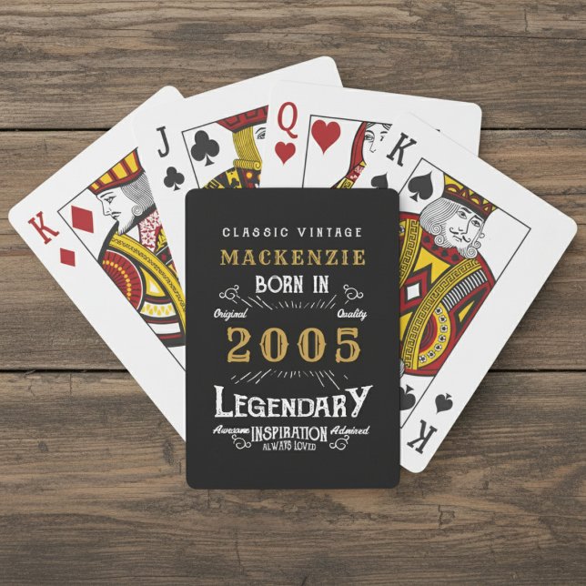 Baraja De Cartas 21st Birthday Born 2005 Legend Black Gold (Born 2005 playing cards. Wood background.)