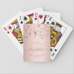 Baraja De Cartas 21st birthday rose gold pink name<br><div class="desc">Girly and trendy playing cards for a 21st birthday party. A feminine pink, rose gold faux metallic looking background decorated with shining and glittery rose gold colored stars. Personalize and add a date and name/age 21. Curved text and dark rose gold colored letters. The name is written with a modern...</div>