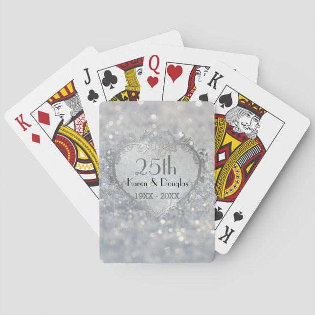 Baraja De Cartas 25º aniversario del Boda Sparkle Silver Heart (Reverso)