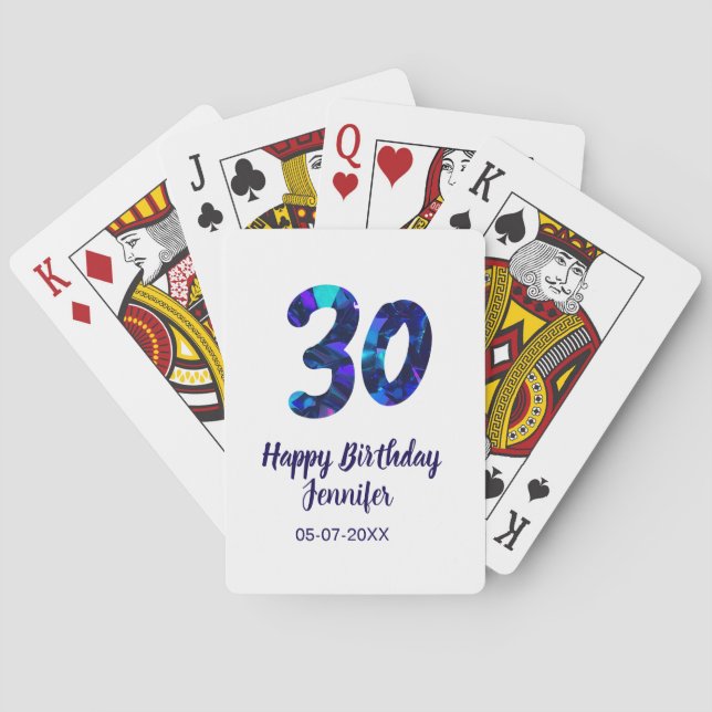 Baraja De Cartas 30th birthday add name date year blue sparkle  (Reverso)